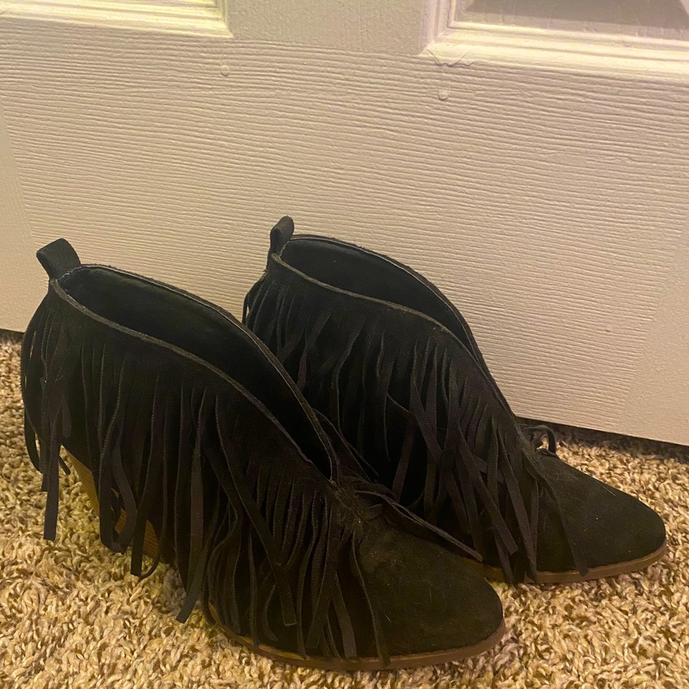 Beast fashion black fringe booties